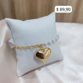 PULSEIRA ELO PORTUGUES E PEROLAS PINGENTE CORAÇÃO BOLEADO