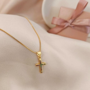 COLAR DE CRUZ COM PEDRAS EM MICRO ZIRCONIA COLORIDAS