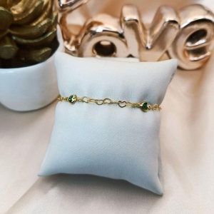 PULSEIRA ELO CORAÇÃO COM PEDRAS DE CORAÇÃO VERDE
