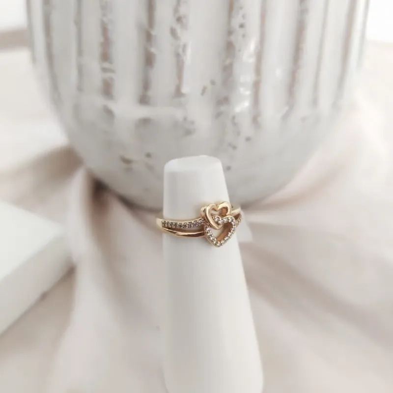 ANEL 2 EM 1 CORAÇÃO LAÇADO LISO E CRAVEJADO ZIRCONIA