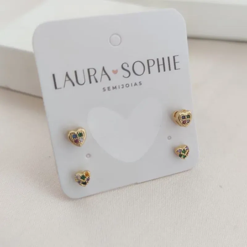 BRINCO DUPLO DE CORAÇÃO COM PEDRAS DE ZIRCONIA COLORIDAS