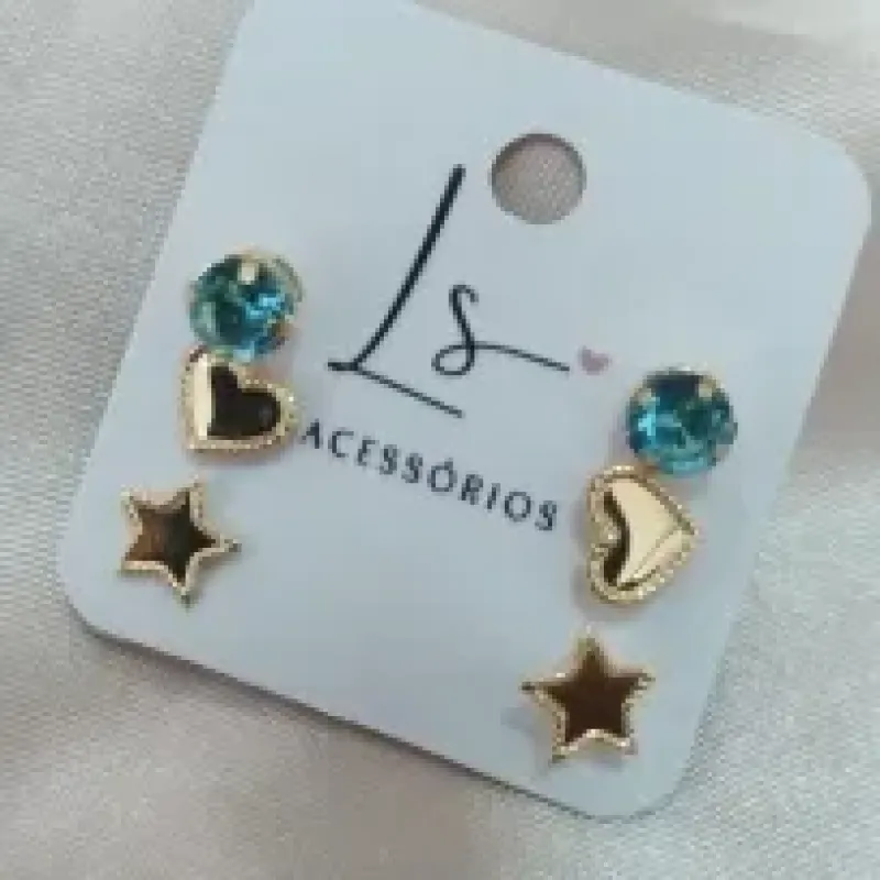 BRINCO TRIO ESTRELA CORAÇÃO E PEDRA VERDE CLARO ZIRCONIA