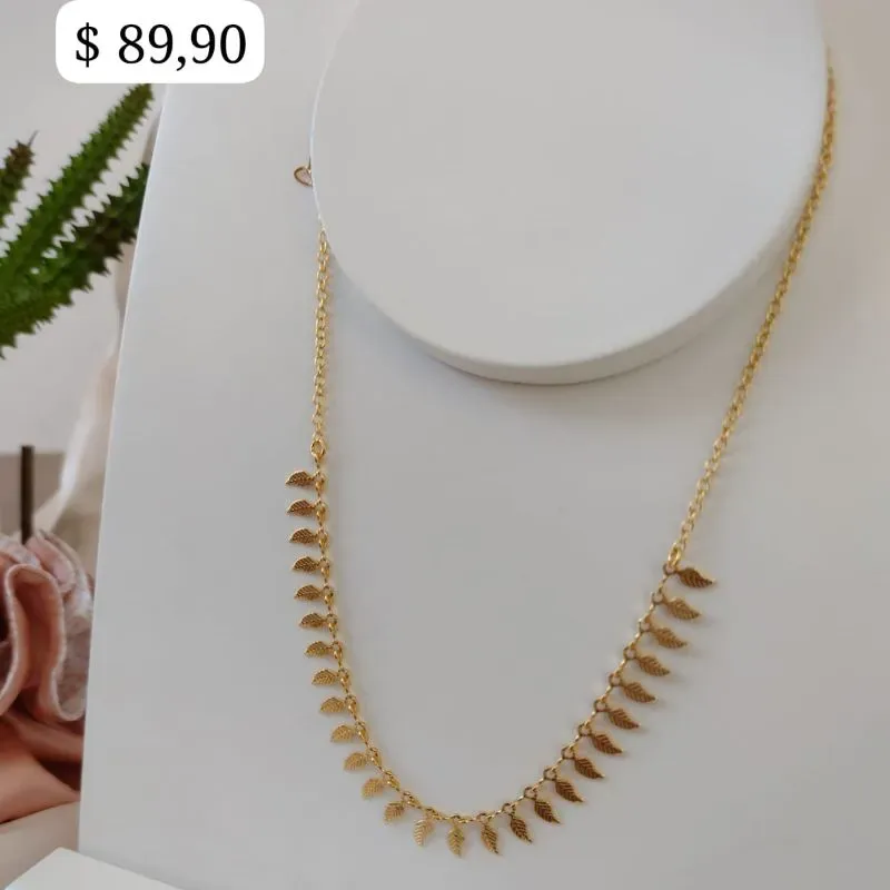 CHOKER ELO PORTUGUES COM FOLHAS PENDURADAS