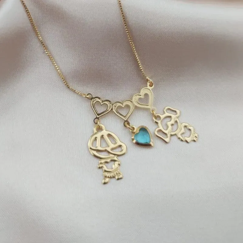 COLAR CANGA COM MENINO E MENINA E CORAÇÃO LISO VAZADO FILHOS