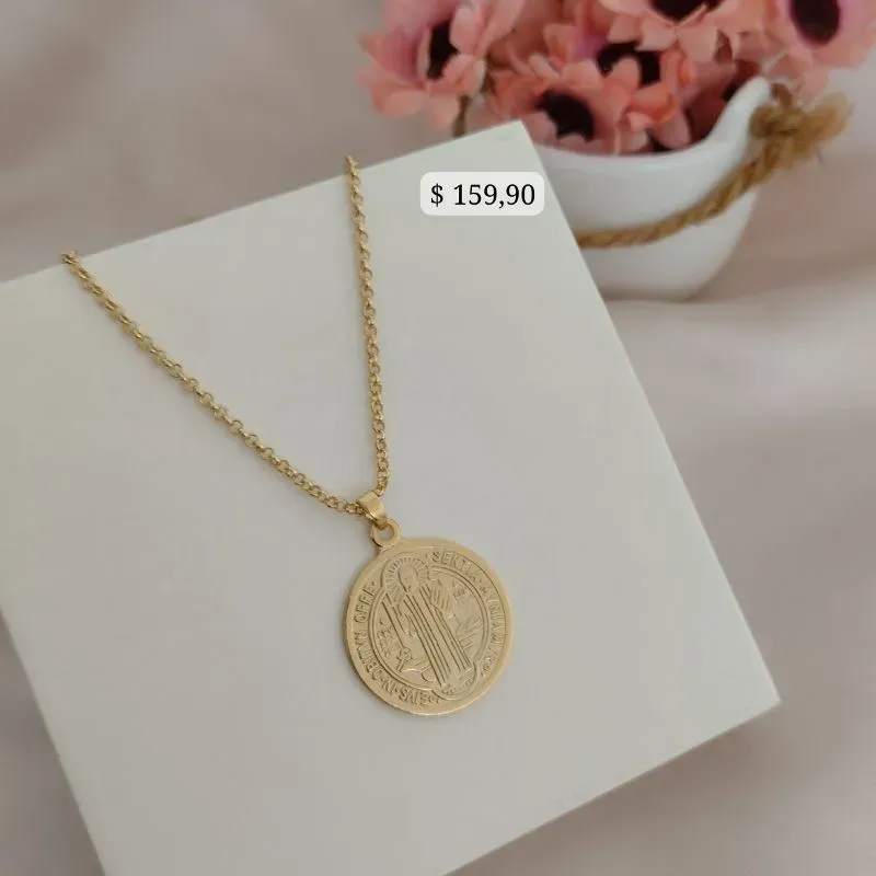 COLAR DE ELO PORTUGUES COM PINGENTE GRANDE DE SÃO BENTO