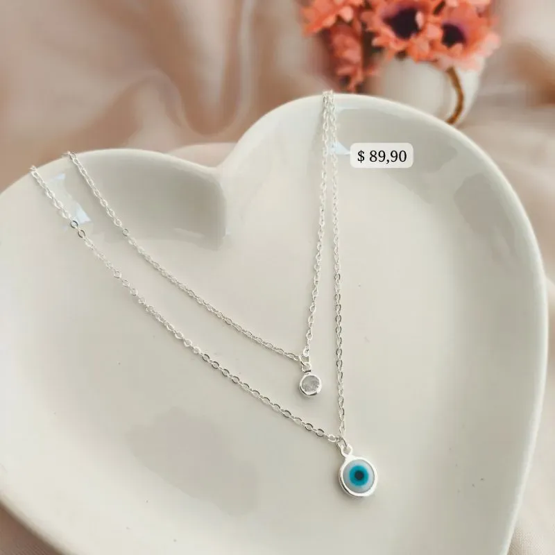 COLAR DUPLO COM OLHO GREGO E PONTO DE LUZ   B. A PRATA 925