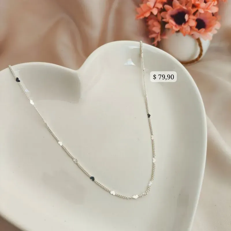 COLAR ELO GROUMET COM MINI PLACAS DE CORAÇÕES  B. A PRATA 925