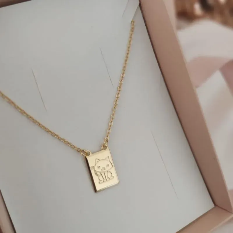 COLAR ELO PORTUGUES COM PINGENTE PLACA COM GATINHA