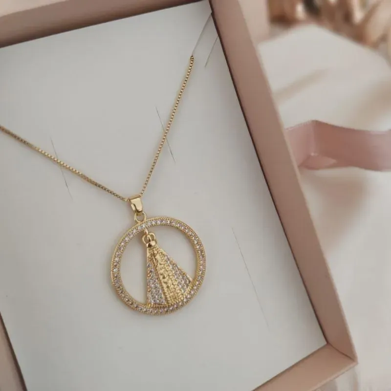 COLAR NOSSA SENHORA REDONDA APARECIDA CRAVEJADA ZIRCONIA