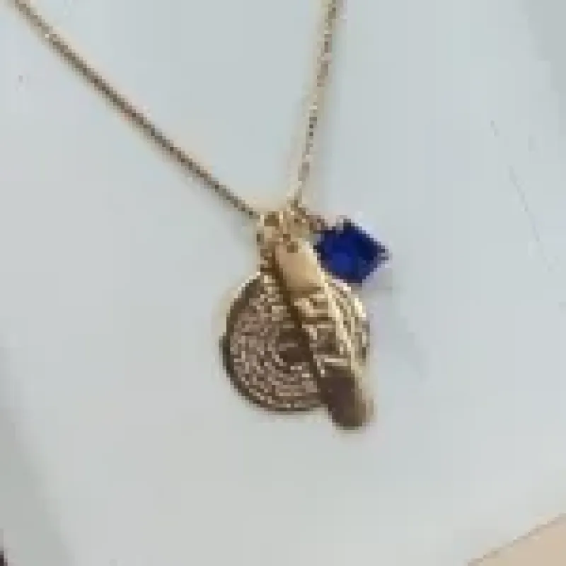 COLAR VENEZIANA 3 PINGENTES PLACA PAI NOSSO  PAZ E PEDRA AZUL