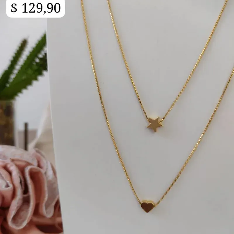 COLAR VENEZIANA DUPLO PINGENTE CORAÇÃO E ESTRELA