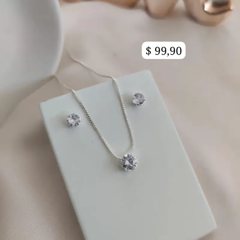 CONJUNTO PEDRA REDONDA ZIRCONIA B. A PRATA 925