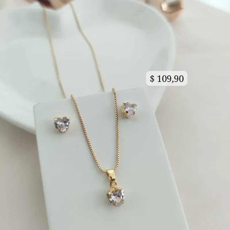 CONJUNTO VENEZIANA CORAÇÃO PEDRA ZIRCONIA