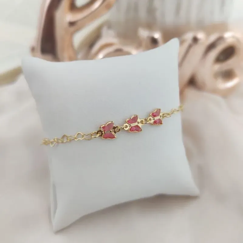 PULSEIRA INFANTIL ELO PORTUGUES COM 3 BORBOLETAS ROSA
