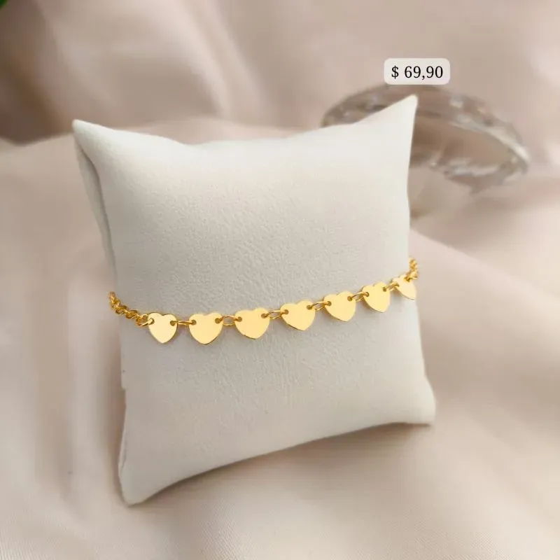 PULSEIRA MEIA EM PLACAS DE CORAÇÃO LISAS E ELO PORTUGUES