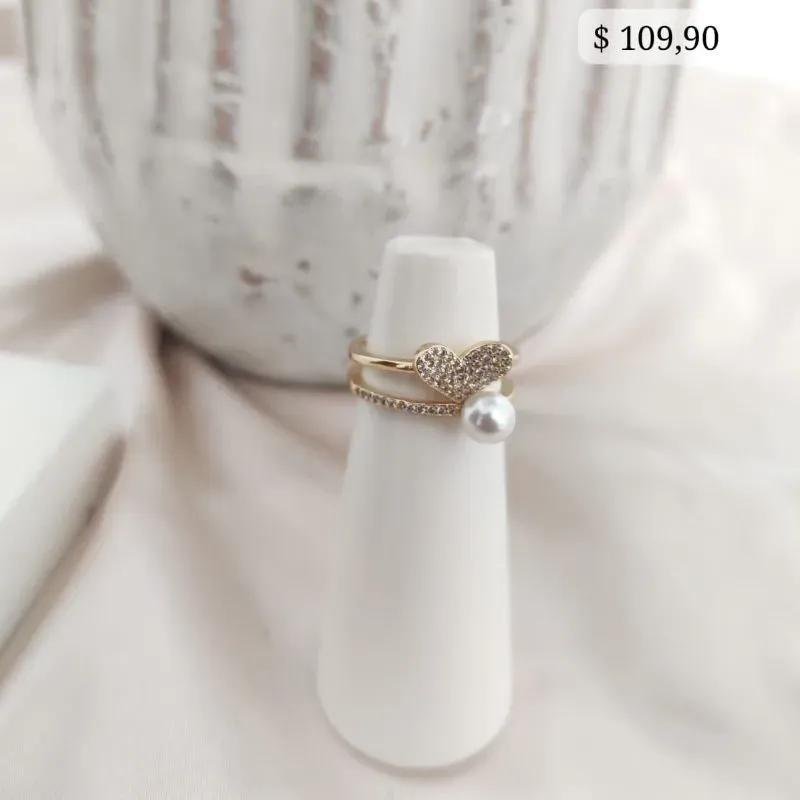 ANEL 2 EM 1 CORAÇÃO CRAVEJADO COM PEROLA