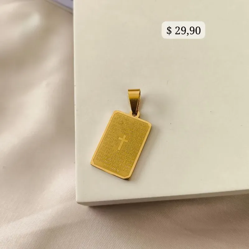 PINGENTE RETANGULAR COM ORAÇÃO PAI NOSSO AÇO