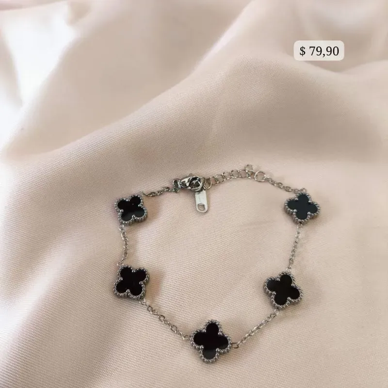 PULSEIRA EM AÇO DE TREVO PRETO PEQUENO