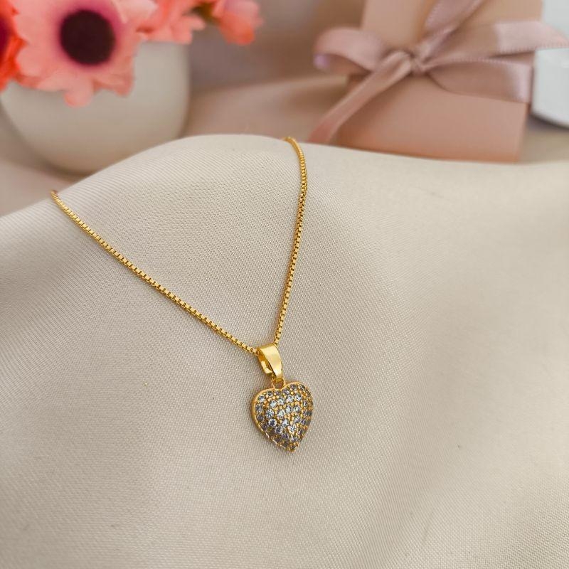 COLAR COM CORAÇÃO PEQUENO TODO  CRAVEJADO COM MICRO ZIRCONIA