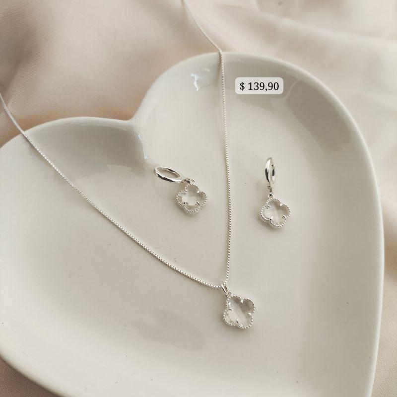 CONJUNTO PEDRA DE FLOR TREVO ZIRCONIA B. A PRATA 925