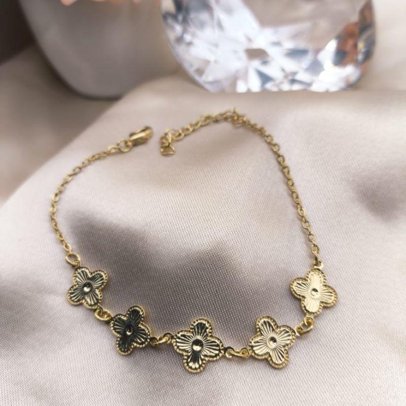 PULSEIRA ELO PORTUGUES COM 5 PLACAS DE TREVO