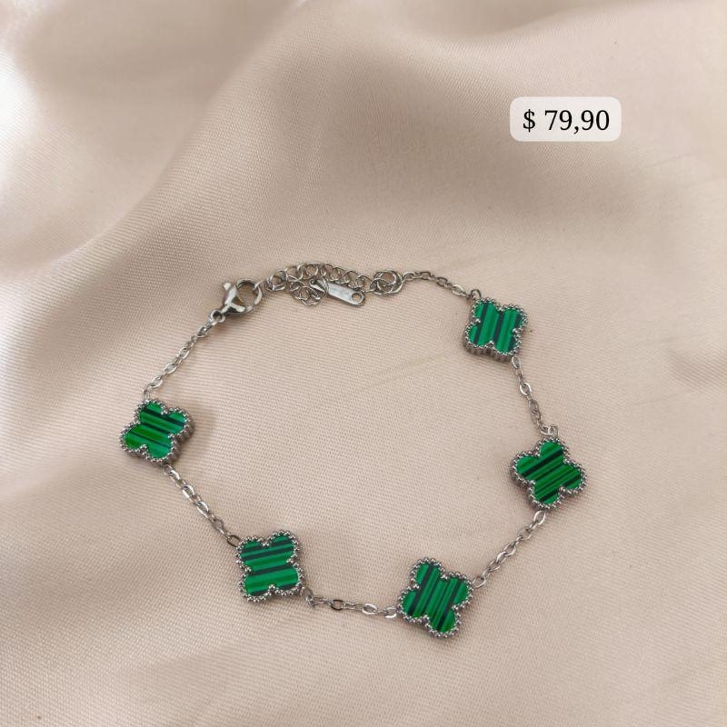 PULSEIRA EM AÇO DE TREVO VERDE PEQUENO