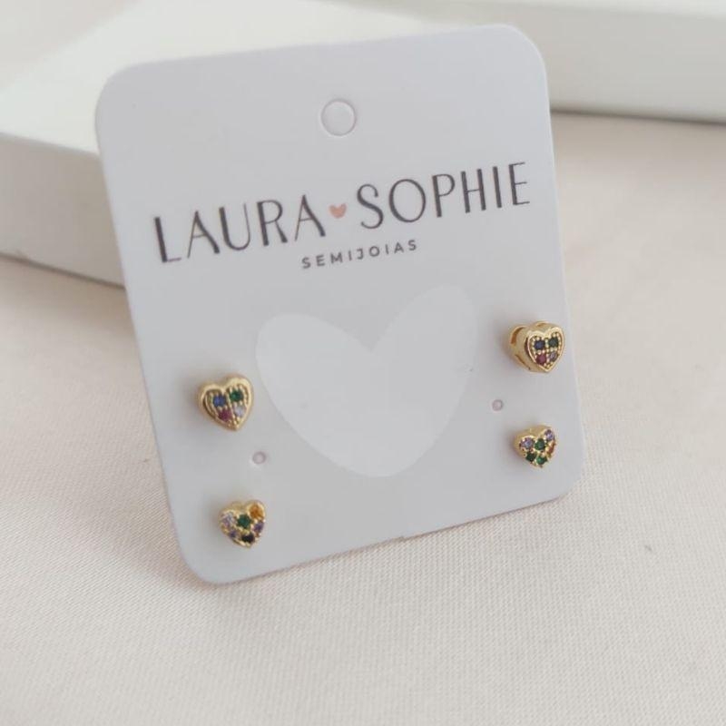 BRINCO DUPLO DE CORAÇÃO COM PEDRAS DE ZIRCONIA COLORIDAS