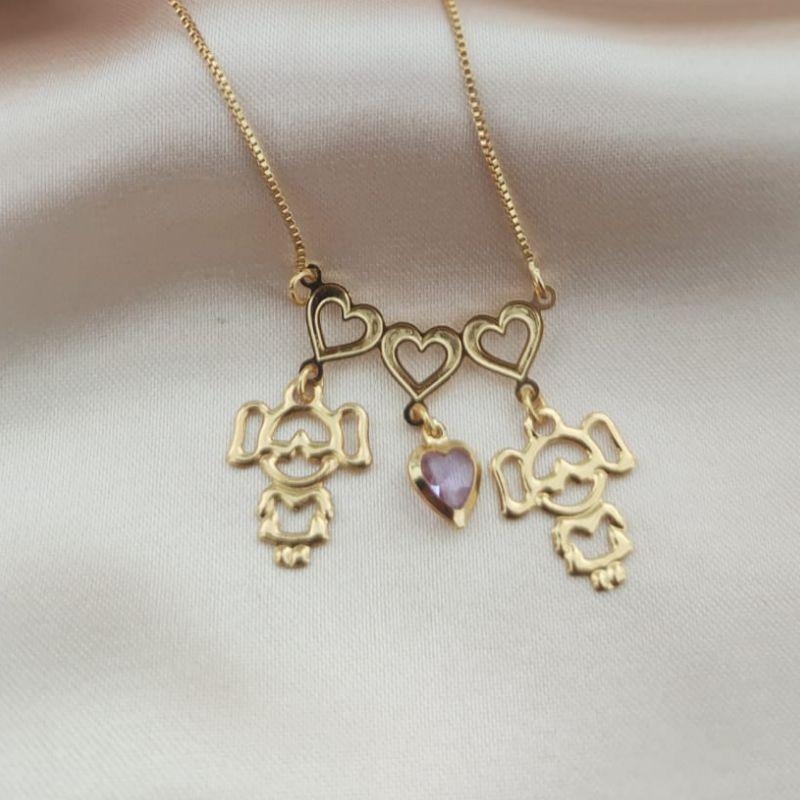 COLAR CANGA COM 2 MENINAS E CORAÇÃO LISO VAZADO FILHOS