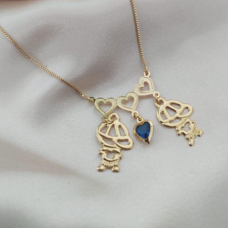 COLAR CANGA COM 2 MENINOS E CORAÇÃO LISO VAZADO FILHOS