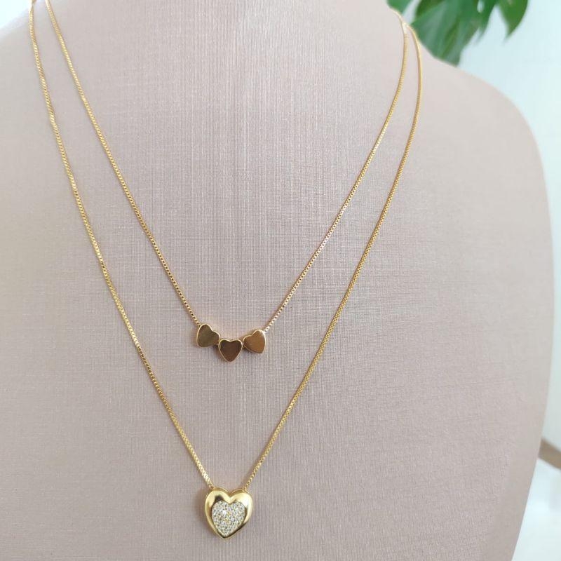 COLAR DUPLO VENEZIANA CORAÇÃO CRAVEJADO E LISO