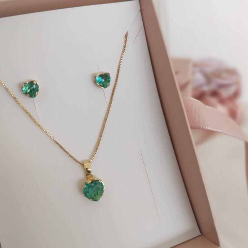 CONJUNTO CORAÇÃO PEDRA VERDE ZIRCONIA