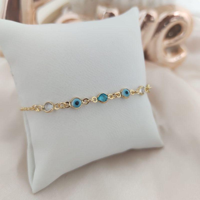 PULSEIRA OLHO GREGO E PEDRAS DE ZIRCONIA VERDE CLARO