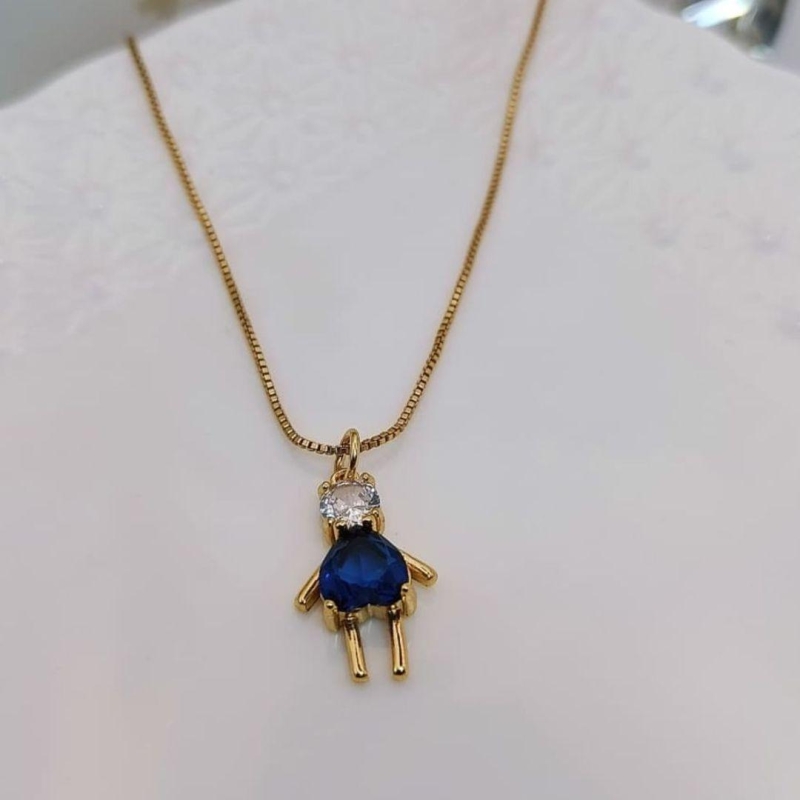 COLAR MENINO COM CORAÇÃO AZUL E PEDRA DE ZIRCONIA