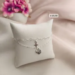 PULSEIRA 2 EM 1 COM PINGENTE DE CRUS E CORAÇÃO FÉ B. A PRATA 925 PULSEIRA 2 EM 1 COM PINGENTE DE CRUS E CORAÇÃO FÉ B. A PRATA 925