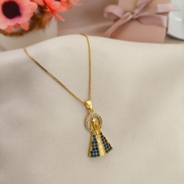 COLAR NOSSA SENHORA APARECIDA CRAVEJADO EM MICRO ZIRCONIA AZUL E BRANCA COLAR NOSSA SENHORA APARECIDA CRAVEJADO EM MICRO ZIRCONIA AZUL E BRANCA
