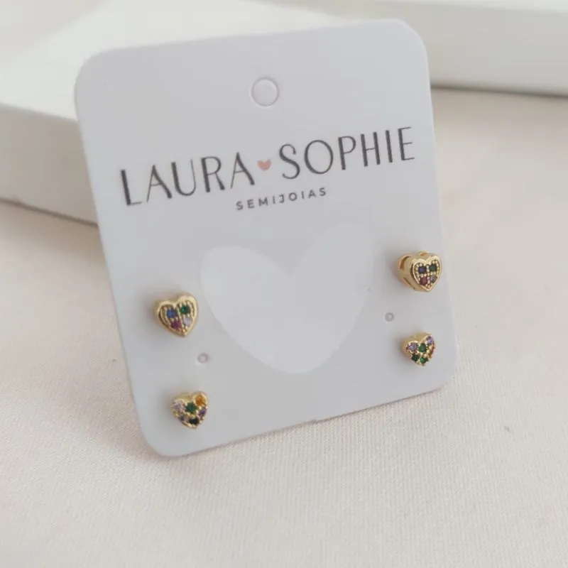BRINCO DUPLO DE CORAÇÃO COM PEDRAS DE ZIRCONIA COLORIDAS