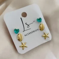 BRINCO TRIO CORAÇÃO ZIRCONIA VERDE BUZIO E ESTRELA DO MAR BRINCO TRIO CORAÇÃO ZIRCONIA VERDE BUZIO E ESTRELA DO MAR