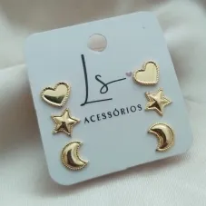 BRINCO TRIO DE BRINCO CORAÇÃO ESTRELA LUA LISO