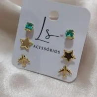 BRINCO TRIO DE BRINCO PEDRA VERDE QUADRADA ESTRELA E AVIÃO BRINCO TRIO DE BRINCO PEDRA VERDE QUADRADA ESTRELA E AVIÃO