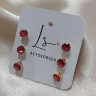 BRINCO TRIO DE BRINCO PEDRA VERMELHA ZIRCONIA