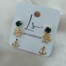 BRINCO TRIO PEDRA VERDE REDONDA LEME E ANCORA BRINCO TRIO PEDRA VERDE REDONDA LEME E ANCORA