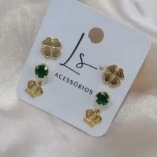 BRINCO TRIO TREVO COROA E PEDRA VERDE ZIRCONIA BRINCO TRIO TREVO COROA E PEDRA VERDE ZIRCONIA