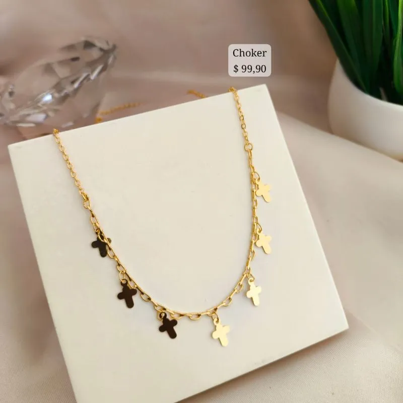 CHOKER CARTIER E ELO DE PORTUGUES COM CRUZ EM CHAPINHAS