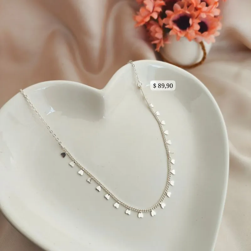 CHOKER ELO GROUMET COM MINI POLACAS DE CORAÇÕES PENDURADAS B. A PRATA 925 CHOKER ELO GROUMET COM MINI POLACAS DE CORAÇÕES PENDURADAS B. A PRATA 925