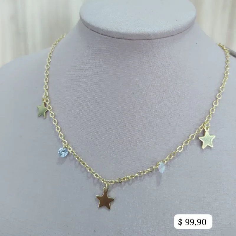 CHOKER ELO PORTUGES COM ESTRELAS E PONTO DE LUZ