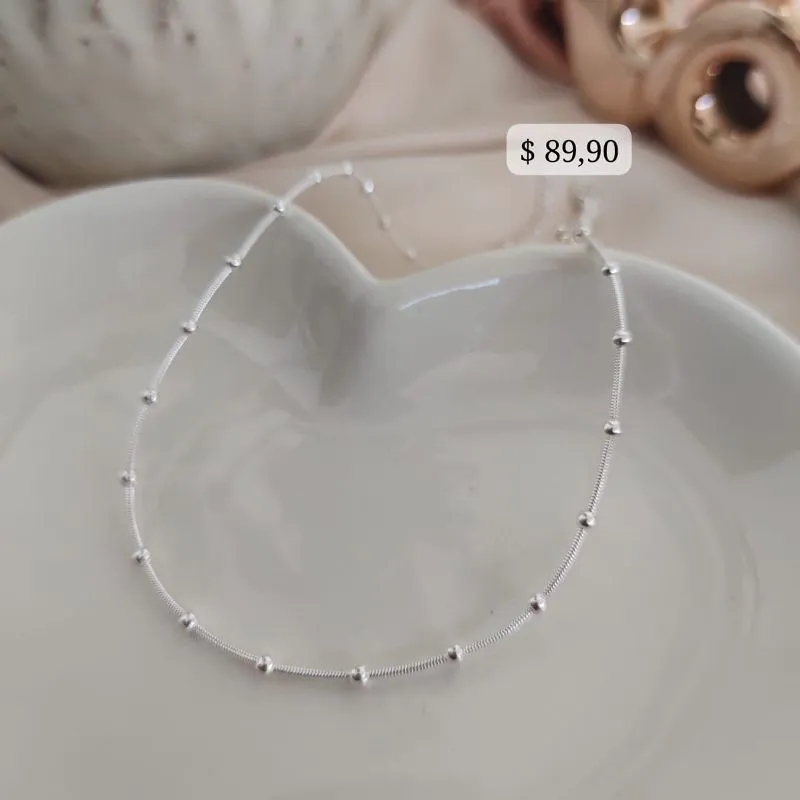 CHOKER RABO DE RATO COM MINI ESFERAS B. PRATA 925