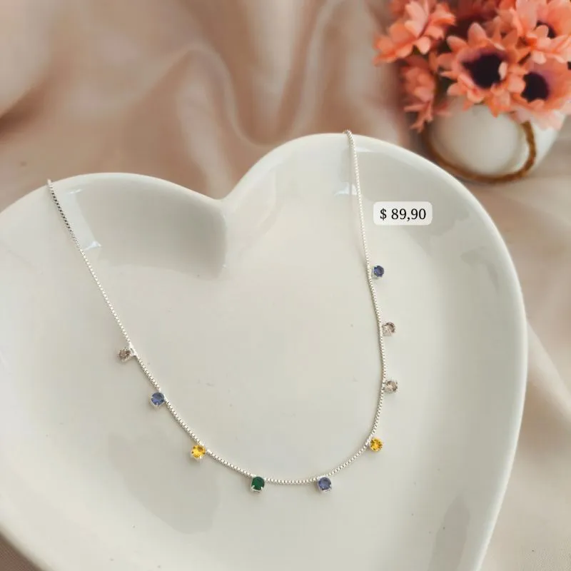 CHOKER VENEZIANA COM PEDRAS DE ZIRCONIA QUADRADA COLORIDAS B. A PRATA 925