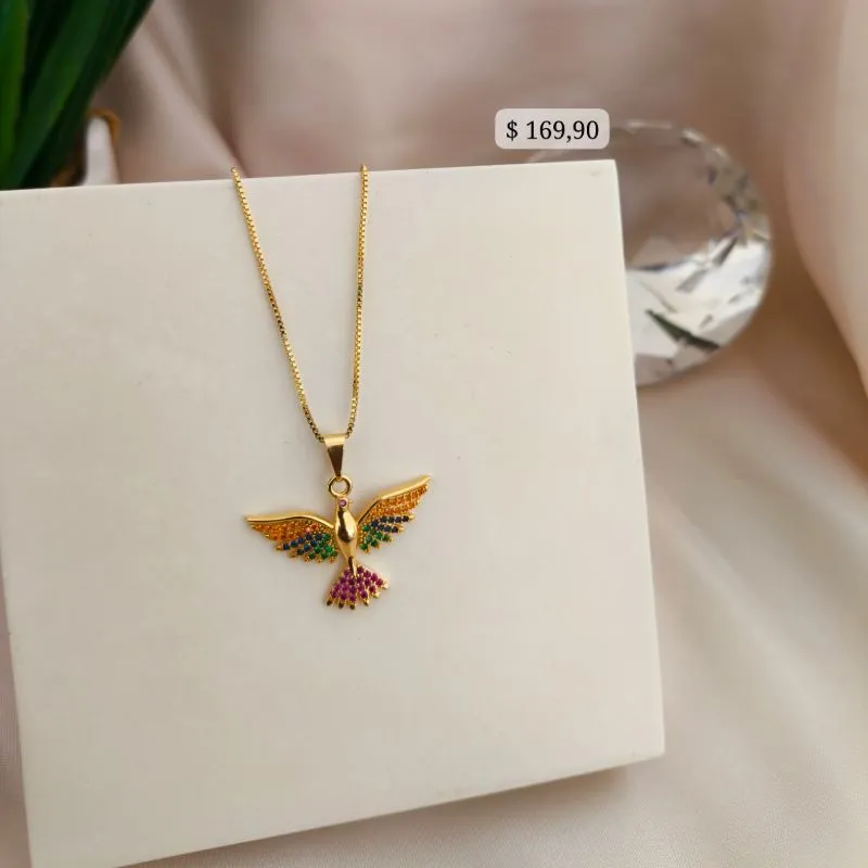 COLAR COM PINGENTE ESPIRITO SANTO COM ZIRCONIAS COLORIDAS