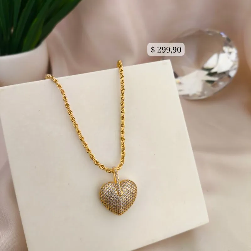 COLAR CORDÃO BAIANO COM CORAÇÃO CRAVEJADO EM MICRO ZIRCONIA E FUROS ATRAS