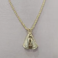 COLAR CORDÃO BAIANO PINGENTE DE NOSSE SENHORA DUPLA FACE CRAVEJADO ZIRCONIA CRISTAL E AZUL